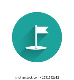 White Flag icon isolated with long shadow. Location marker symbol. Green circle button. Vector Illustration