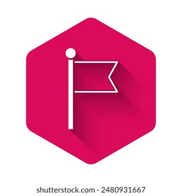 White Flag icon isolated with long shadow background. Victory, winning and conquer adversity concept. Pink hexagon button. Vector