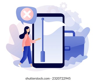 White flag on smartphone screen. Give up or surrender metaphor. Tiny woman surrendering or giving up on work and business. Business concept. Modern flat cartoon style. Vector illustration