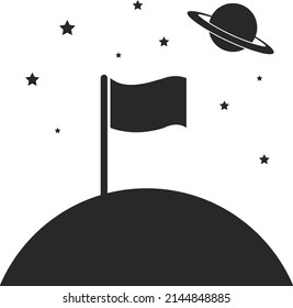 A white flag on the surface of the earth. Cosmic sky with a planet. Flat black icon. Vector illustration isolated on a white background.
