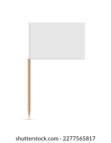 White flag on wooden toothpick. Rectangle paper topper for cake or other food isolated on white background. Blank mockup for advertising and promotions, location mark, map pointer. svg