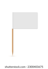 White flag on wooden toothpick. Rectangle paper topper for cake or other food isolated on white background. Blank mockup for advertising and promotions, location mark, map pointer.