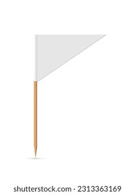 White flag on wooden toothpick. Triangle paper topper for cake or other food isolated on white background. Blank mockup for advertising and promotions, location mark, map pointer.