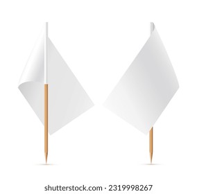 White flag on wooden toothpick. Rectangle paper topper for cake or other food isolated on white background. Blank mockup for advertising and promotions, location mark, map pointer.