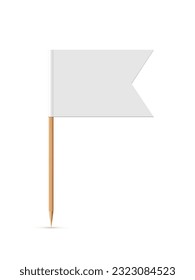 White flag on wooden toothpick. Paper topper for cake or other food isolated on white background. Blank mockup for advertising and promotions, location mark, map pointer.