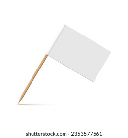 White flag on wooden toothpick. Rectangle paper topper for cake or other food isolated on white background. Blank mockup for advertising and promotions, location mark, map pointer.