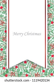 White flag with pine leaves and red berries for decoration on Christmas holiday.