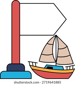 Eine weiße Flagge mit einem Segelboot darauf. Die Fahne ist auf einem Pol. Das Segelboot ist auf dem Boden