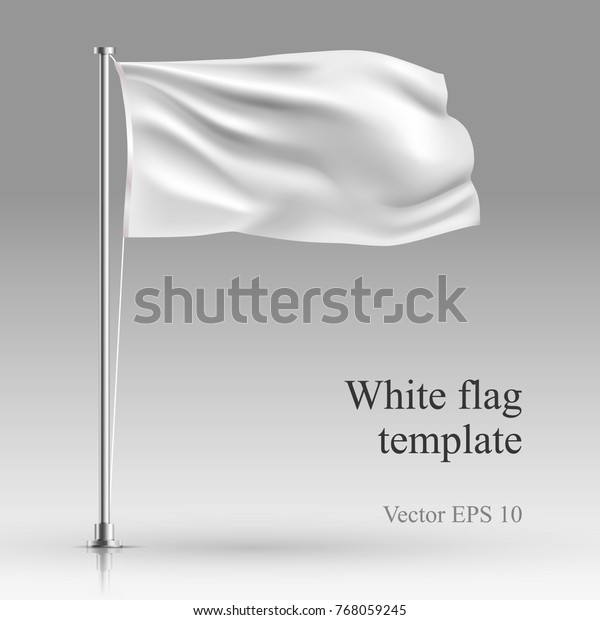White flag stand on steel pole  template isolated on\
gray. Realistic vector illustration waving fabric in the wind on\
metal pillar.  