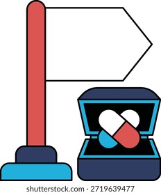 A white flag is standing next to a box of pills. The flag is pointing towards the box of pills, indicating that they are related or connected in some way