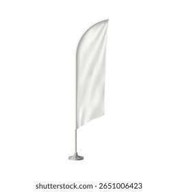 White flag teardrop banner template. Vector 3d mockup. Clean fabric vertical canvas for promotion design. Feather shape blank of flag on flagpole. Realistic textile pennants hanging on metal stand