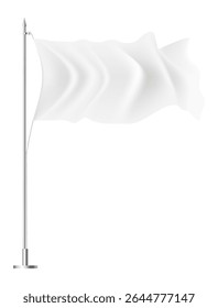 Bandeira branca acenando em um mastro contra um fundo branco, representando um conceito de rendição, trégua ou ardósia em branco para design e personalização