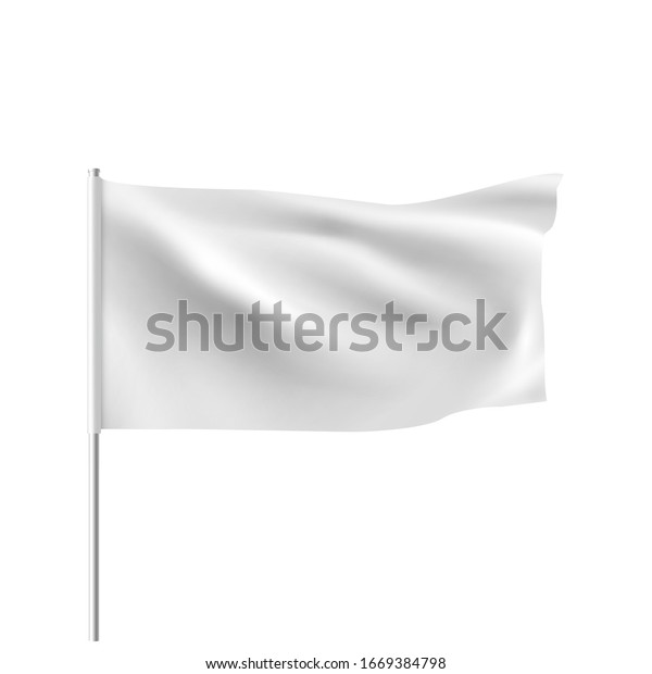 White flag waving in\
the wind. Realistic 3D horizontal vector flag template for\
advertising and design.