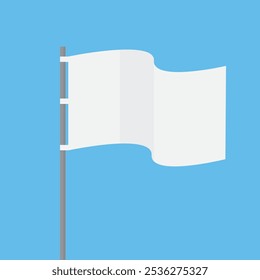 Bandeira branca acenando na ilustração do vetor de vento. Bandeira têxtil achatada no polo contra o céu no fundo azul