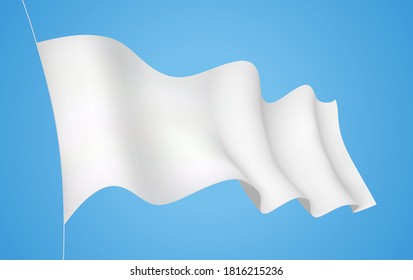 Bandera blanca. Banner ondulado en 3D ondeando en el viento. Aislamiento en azul. Ilustración de elementos de diseño realista de vectores gráficos 3d