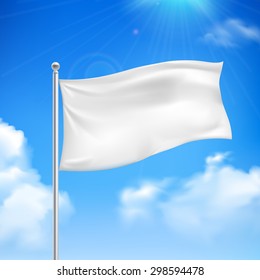 White flag in the wind against the blue sky with white clouds background banner abstract vector illustration