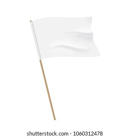 White flag with a wooden stick. Clean horizontal waving flag, isolated on background. Vector flag mockup.