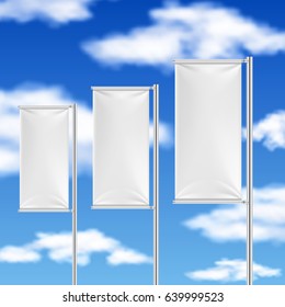 White flags and blue sky. Beach event advertising vector template
