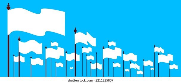White flags on blue sky. Peace white flags vector.