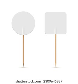 White flags on wooden toothpick. Round and square paper topper for cake or other food isolated on white background. Blank mockup for advertising and promotions, location mark, map pointer. svg