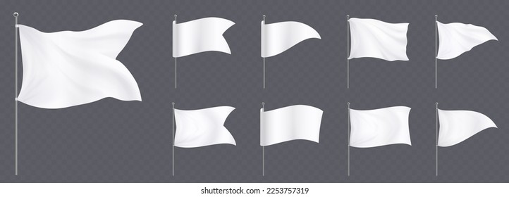 White flags   pennants poles mockup  Blank fabric banners triangle  rectangle   corner shape steel stand isolated transparent background  vector realistic set