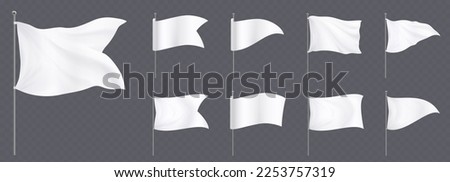 White flags and pennants on poles mockup. Blank fabric banners triangle, rectangle and corner shape on steel stand isolated on transparent background, vector realistic set