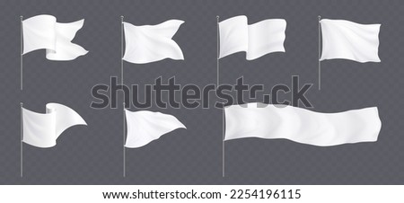 White flags and pennants on poles mockup. Blank fabric banners triangle, rectangle and corner shape on steel stand isolated on transparent background, vector realistic set