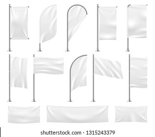 White Flags Set. Blank Banner Mockup Empty Waving Fabric Canvas Poster Pennant Beach Advertising Flag Vector Isolated Template