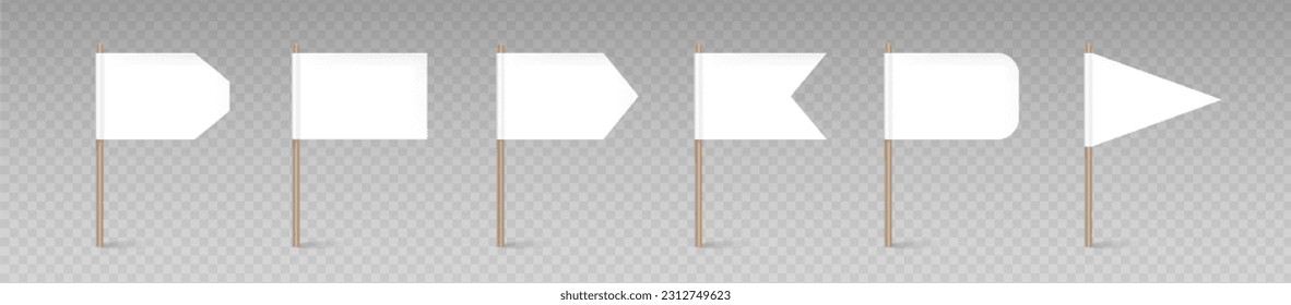 White flags set vector illustration.Flag template with stick isolated on transparent background