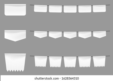White flags with shadow. Hanging empty fabric flags isolated on grey background.