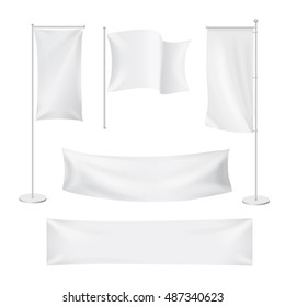 White flags and textile banners folds template set. Advertising blank banner, fabric canvas poster, vector illustration