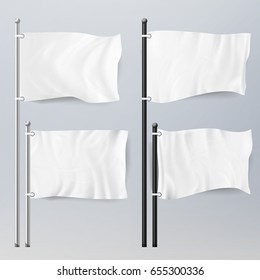 White Flags Vector. Various Clean Empty White Flag Banner Pictogram Mockup. Small Textile Banners Folds Template Set. Advertising Blank Banner, Fabric Canvas Poster. Vector Illustration
