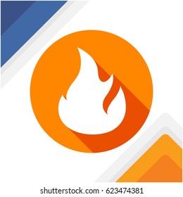 white flame icon isolated in orange circle with coloring and shading effects in flat design style