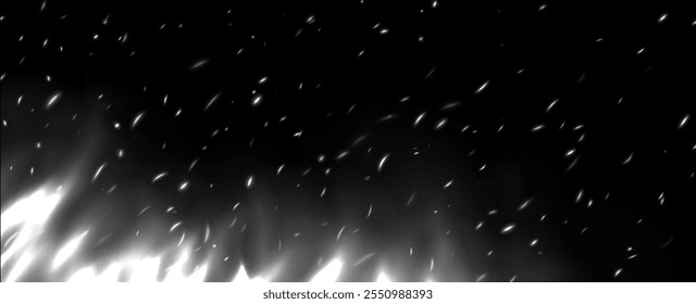 White flame with sparks, fire with flying cinder, abstract glowing embers, heat sparkles.