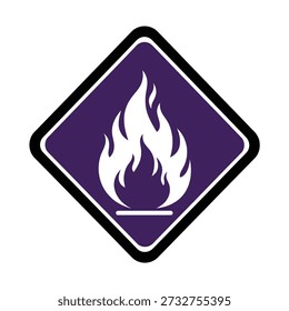 A white flame symbol is displayed inside a dark purple rhombus outlined in black on a transparent background