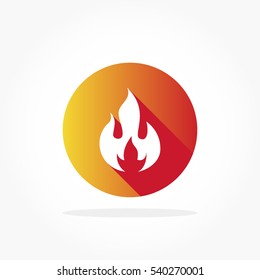 white flaming fire icon in flat design gradient red orange circle with lighting and shadow effect