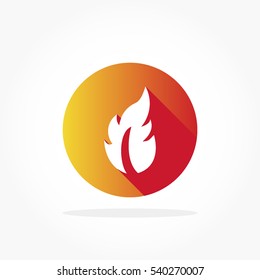 white flaming fire icon in flat design gradient red orange circle with lighting and shadow effect