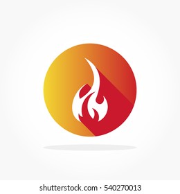 white flaming fire icon in flat design gradient red orange circle with lighting and shadow effect