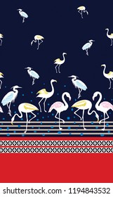 white flamingo border pattern on stripes navy background