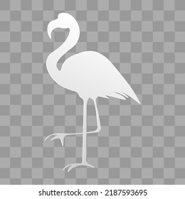 The white flamingo stands on one leg. African exotic birds, cool stickers for birthday cards, party invitations, for tropical design elements. Summer decoration, paper cut style, vector illustration