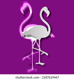 The white flamingo stands on one leg. African exotic birds, cool stickers for birthday cards, party invitations, for tropical design elements. Summer decoration, paper cut style, vector illustration