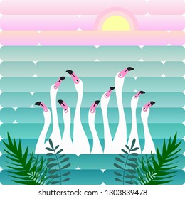 White flamingos on the background of the lake and sunrise, tropical leaves, landscape. Vector illustration in cartoon style.