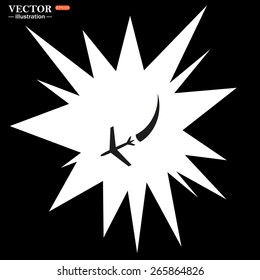White flash, explosion, lightning, cotton, thunder. On a black background.  icon plane. The plane is landing , vector illustration, EPS 10