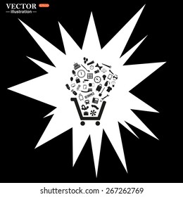 White flash, explosion, lightning, cotton, thunder. On a black background.  Set of icons. Put into shopping cart. Great buy. Cart of goods. Supermarket, web icon. vector design