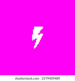 White flash lightning silhouette on pink background. Y2K pixel art. Retro thunderbolt or high voltage sign with squared contour. Vector pixelated graphic electricity 8 bit symbol isolated