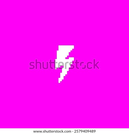 White flash lightning silhouette on pink background. Y2K pixel art. Retro thunderbolt or high voltage sign with squared contour. Vector pixelated graphic electricity 8 bit symbol isolated