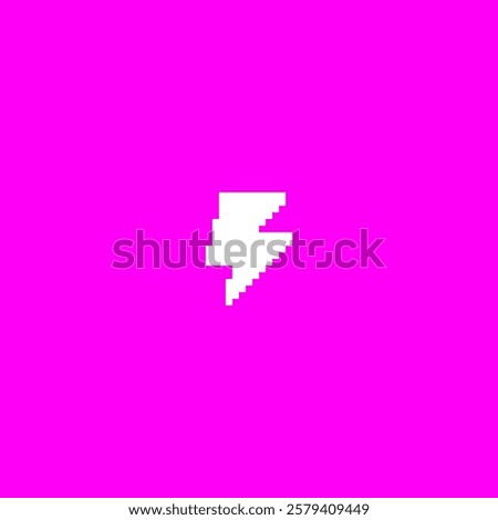 White flash lightning silhouette pixel art on pink background. Retro Y2K thunderbolt or high voltage sign with squared contour. Vector pixelated graphic electricity 8 bit symbol isolated
