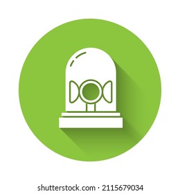 White Flasher siren icon isolated with long shadow. Emergency flashing siren. Green circle button. Vector