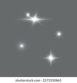 White flashes of light and bright lights with transparency for overlay on illustration isolated on gray background