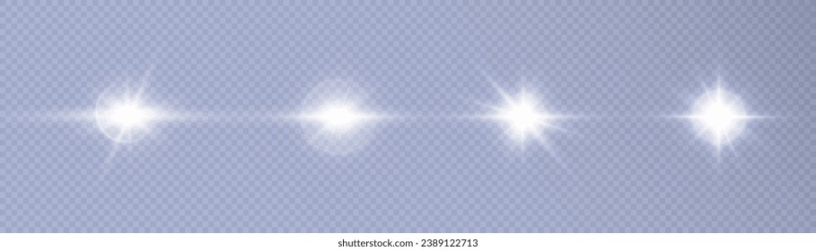 White flashes of light and glare. Laser beams of light. Beautiful light flashes. Glowing stripes on a transparent background.
